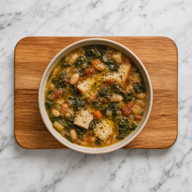 A bowl of finished ribollita drizzled with olive oil