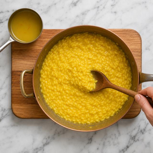 Golden saffron rice becoming creamy as hot stock is stirred into the risotto