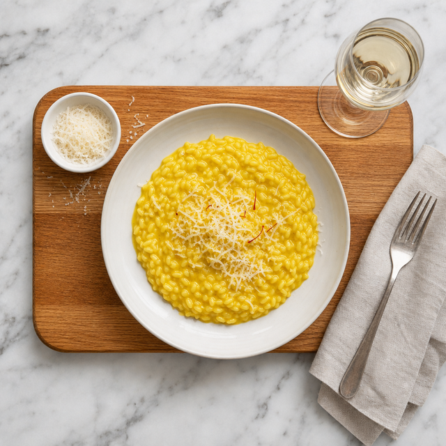 Glossy golden Risotto alla Milanese served in a shallow bowl