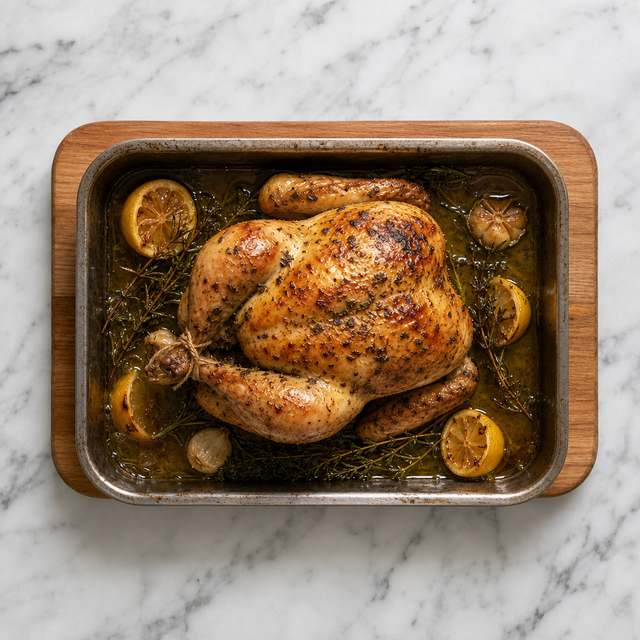Golden herb-roasted chicken with crisp skin and pan juices
