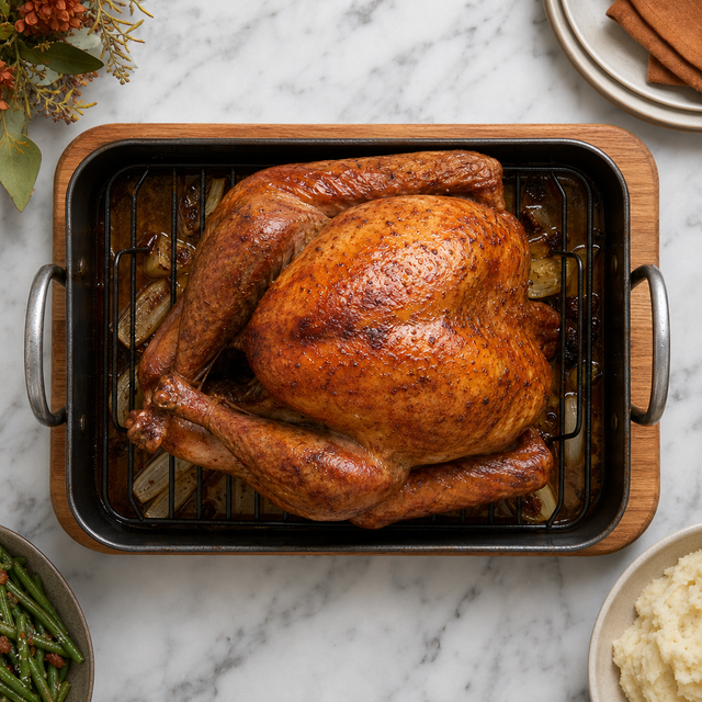 Golden roast turkey in the pan after reaching a safe internal temperature