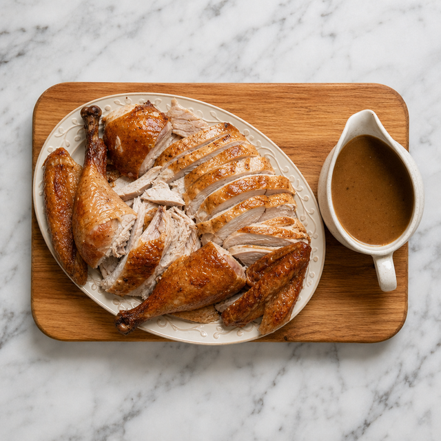 Carved roast turkey served with gravy on a holiday platter