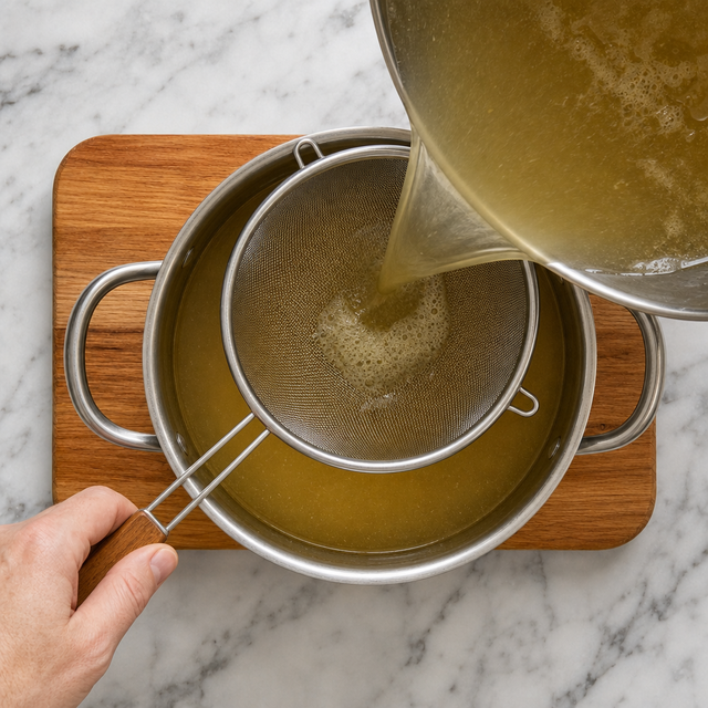 Clear golden broth being strained through a fine-mesh sieve