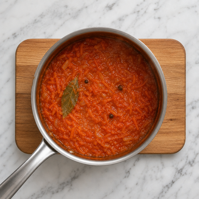 Thick tomato sauce with simmered grated root vegetables
