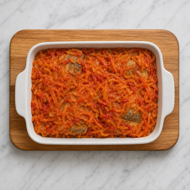 Cod layered with colorful root vegetable tomato sauce