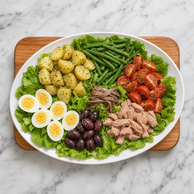 Colorful composed Salade Niçoise arranged on a platter