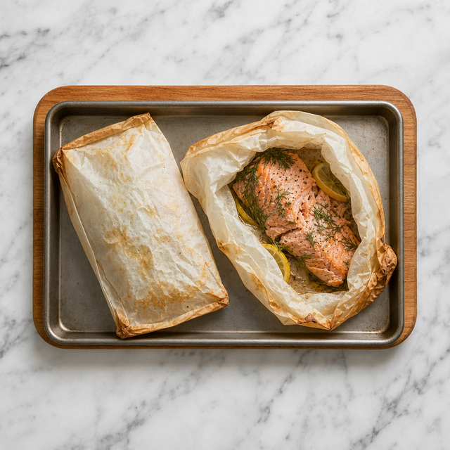 Puffed parchment packets with tender baked salmon and lemon