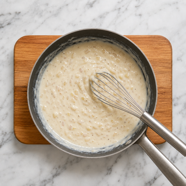Thick cream sauce with onions in a skillet