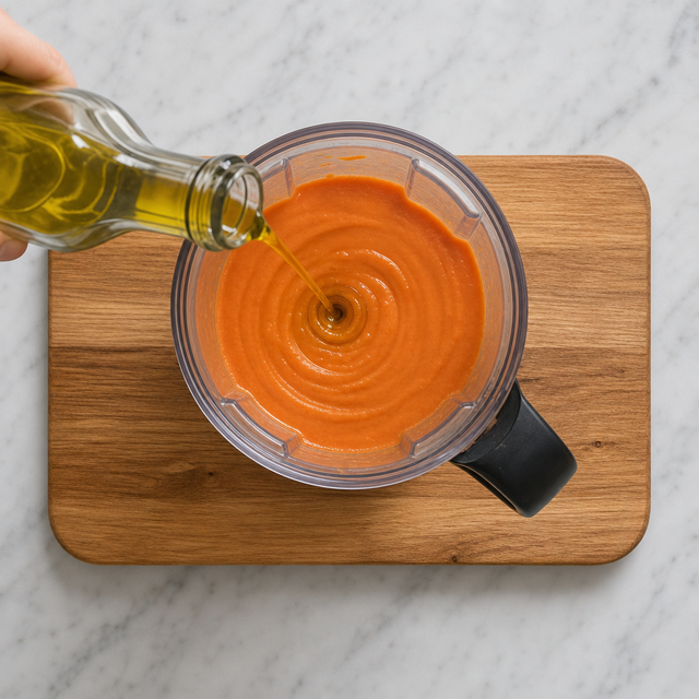 Olive oil being blended into smooth salmorejo