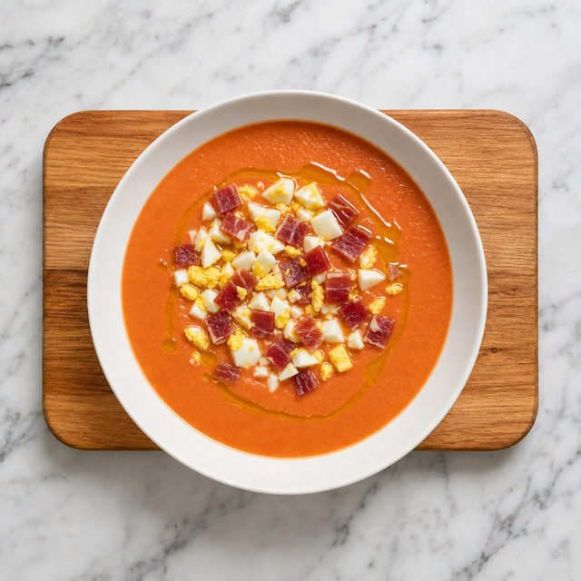Chilled salmorejo topped with egg, Serrano ham, and olive oil