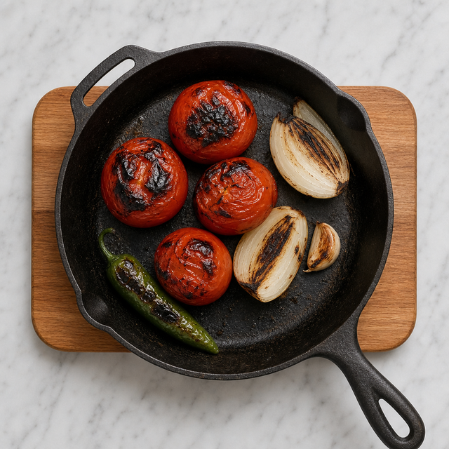 Tomatoes, onion, garlic, and serrano pepper charring in a skillet