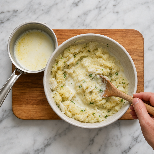 Warm milk and olive oil being folded into salt cod and potato purée