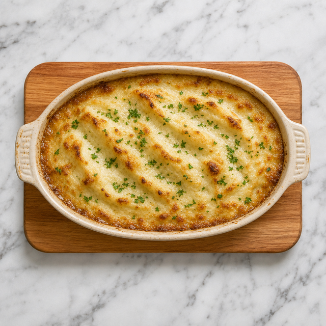 Golden-baked salt cod and potato purée garnished with parsley