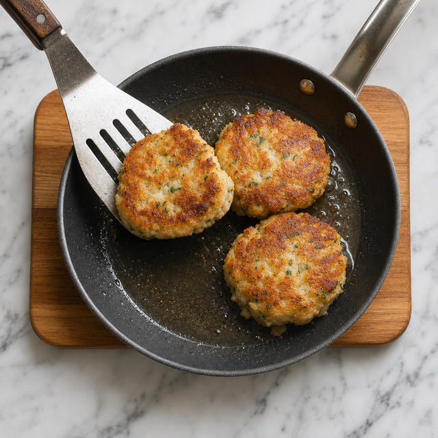 Golden salt cod fish cakes browning in a skillet