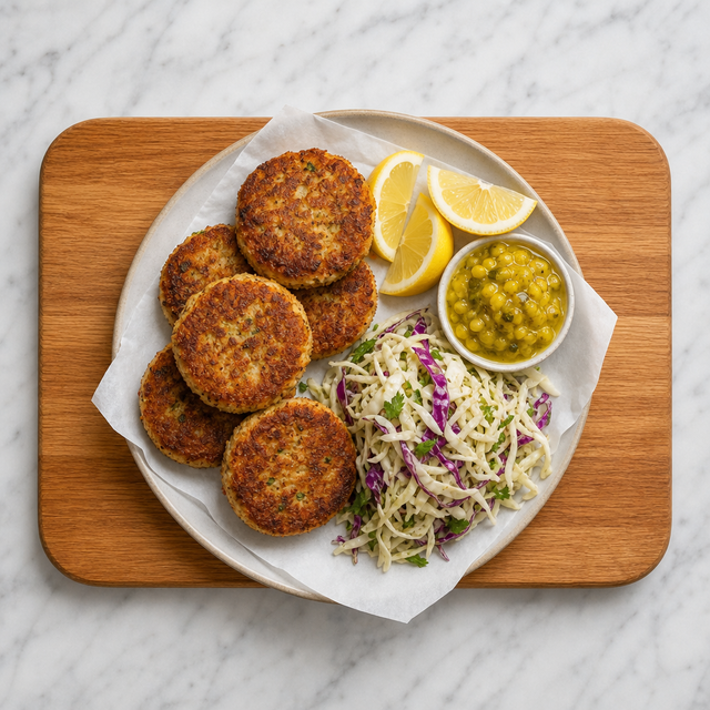 Crisp Canadian salt cod fish cakes served with lemon and cabbage slaw