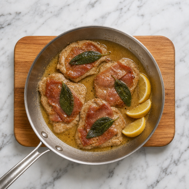 Saltimbocca alla Romana served with pan sauce and lemon