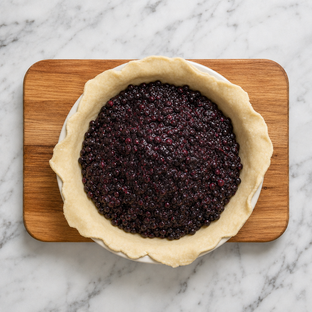 Saskatoon berry filling mounded in the bottom crust