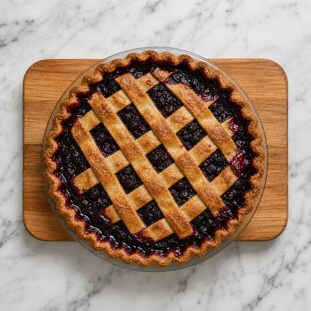 Golden Saskatoon berry pie with bubbling filling