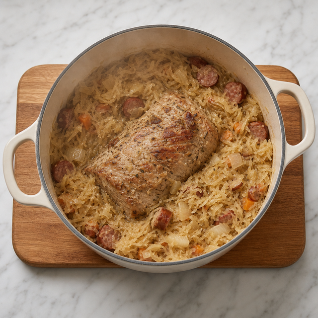 Pork loin nestled into sauerkraut and aromatic braising liquid