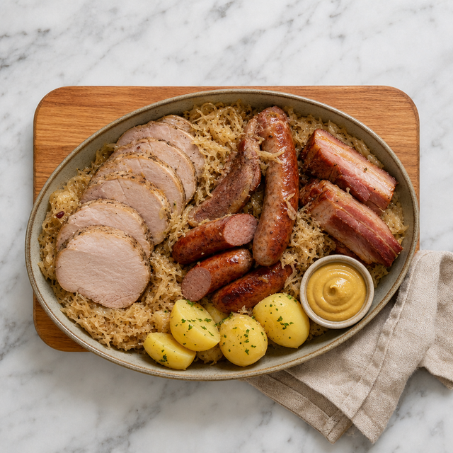 Finished sauerkraut with sliced pork, bacon, and assorted sausages