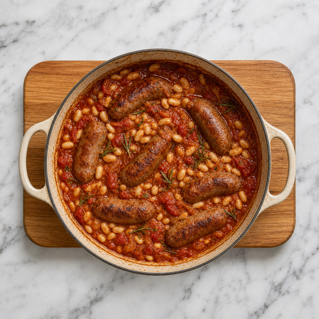 Finished sausage and bean casserole with browned sausages and creamy white beans
