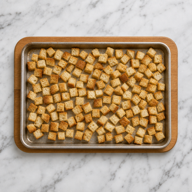 Lightly toasted bread cubes spread on a baking sheet