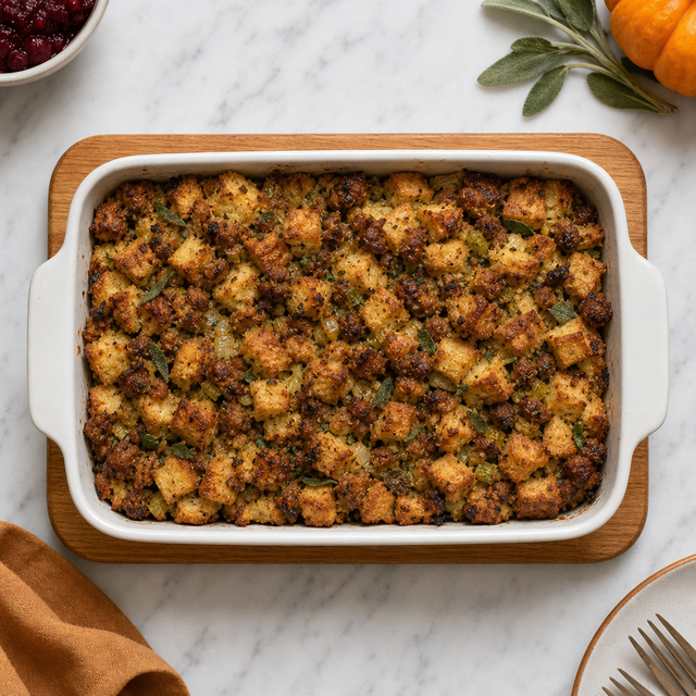 Golden sausage and sage stuffing in a baking dish