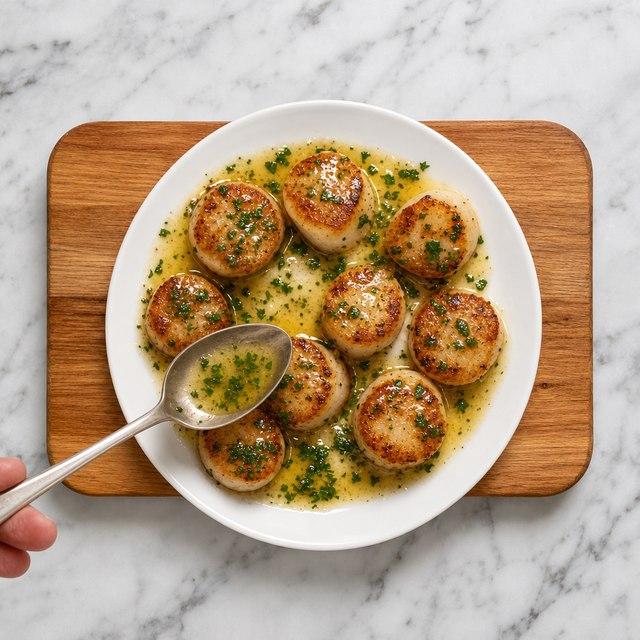 Scallops with butter, parsley, and lemon served on a plate