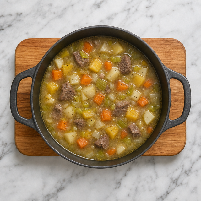 Root vegetables and lamb simmering in thick Scotch broth