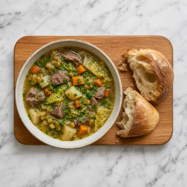 A bowl of Scotch broth garnished with parsley and served with bread
