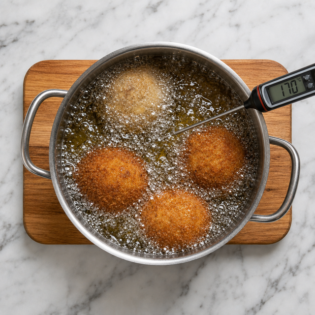 Scotch eggs frying until their breadcrumb coating is golden