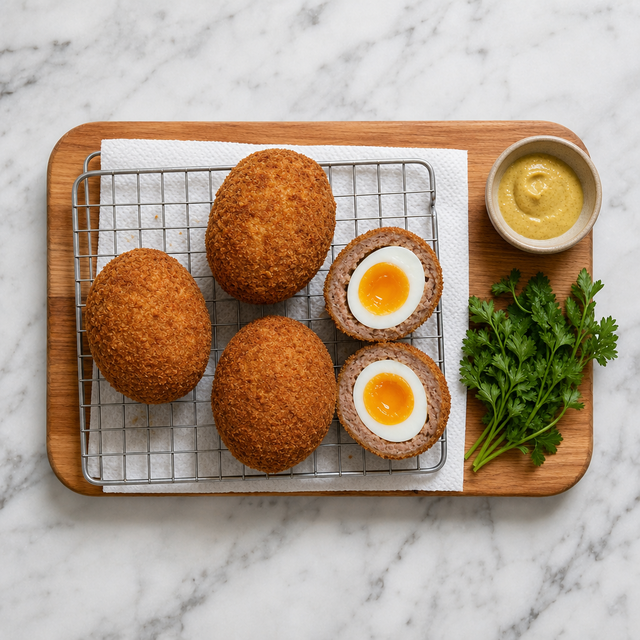 Golden Scotch eggs resting on a rack with one cut open