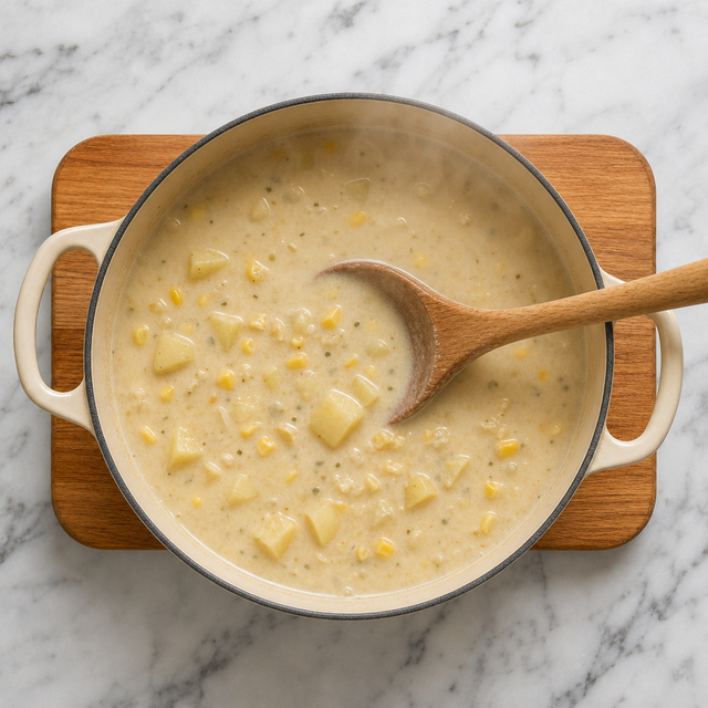 Creamy chowder base with nearly tender potatoes and corn in a pot