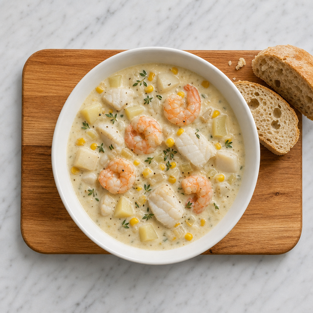 Finished creamy seafood chowder with cod, shrimp, scallops, potatoes, and corn