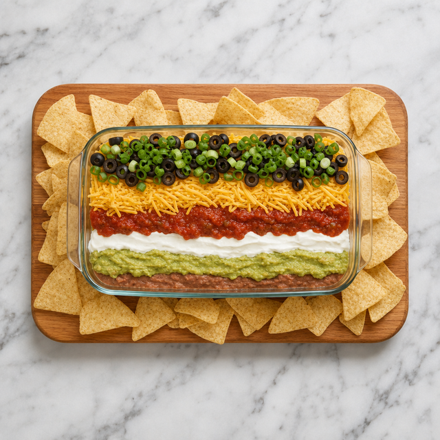 Finished Seven-Layer Dip with colorful layers and tortilla chips