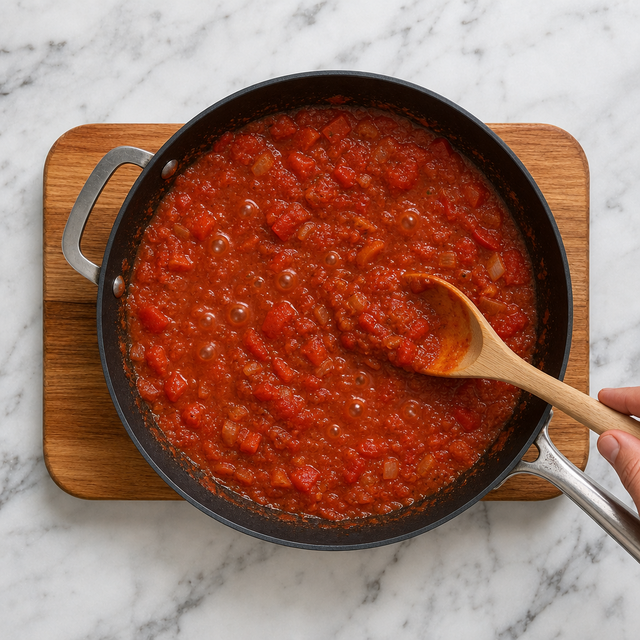 Thickened tomato and pepper sauce simmering in a skillet