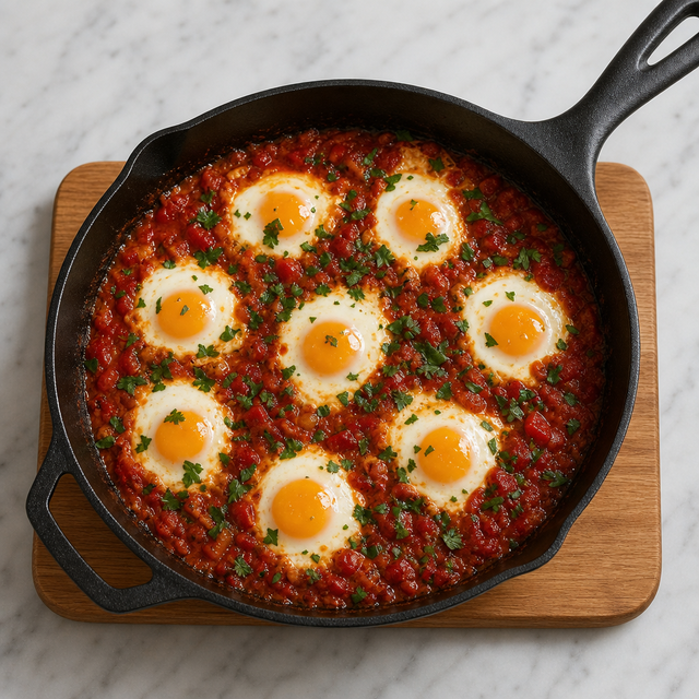 Finished shakshuka with set egg whites and soft golden yolks