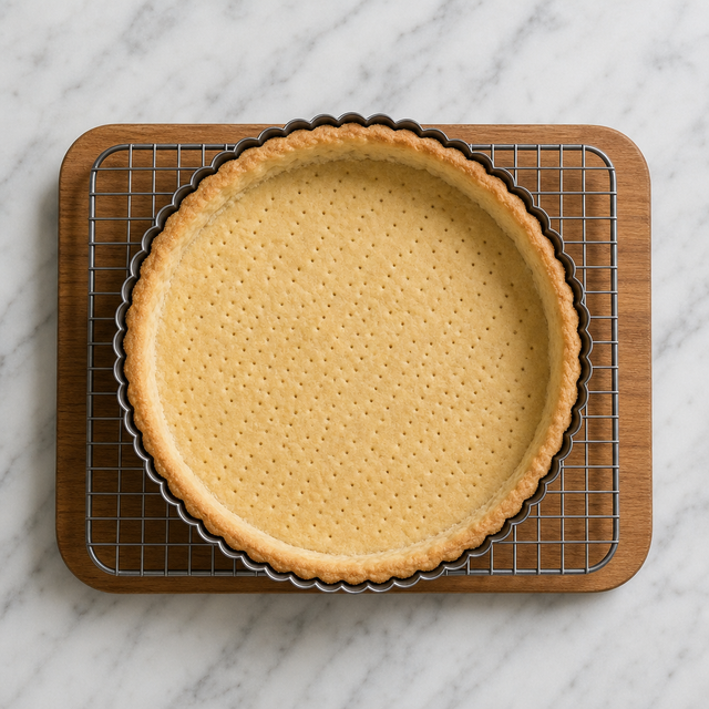 Golden shortcrust pastry tart shell cooling in its tin