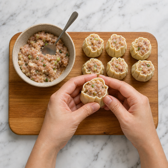 Hands shaping an open-topped siu mai dumpling