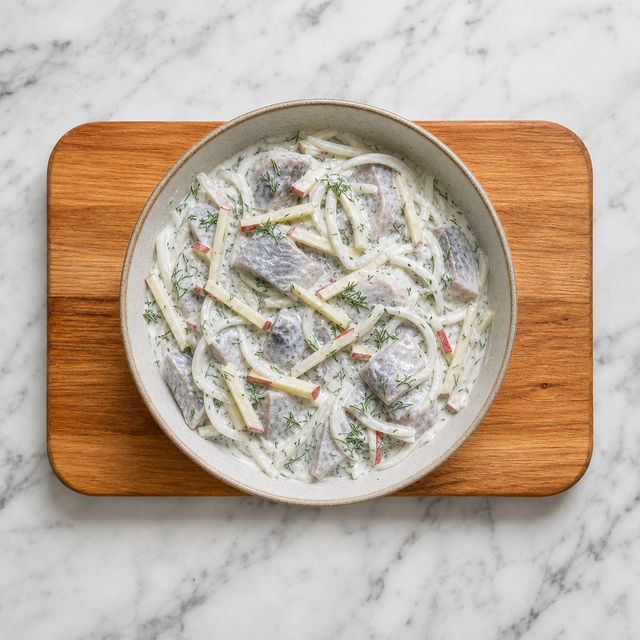 Herring, apple, onion, and dill coated in sour cream dressing.