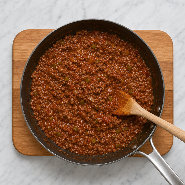 Ground beef simmering in a glossy tomato-based Sloppy Joe sauce