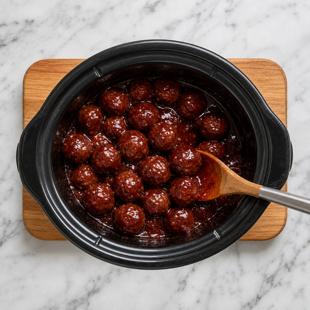 Glossy grape jelly meatballs ready to serve