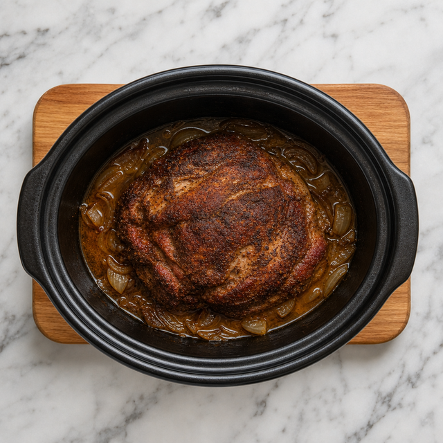 Tender seasoned pork shoulder after slow cooking with onions and cooking juices