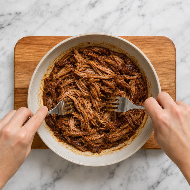 Pulled pork shredded into tender strands and coated with reduced sauce