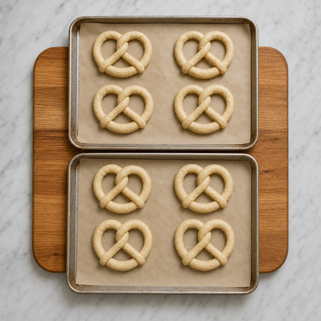 Shaped soft pretzels ready for the baking-soda bath
