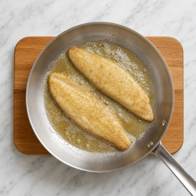 Sole fillets sautéing to a pale golden crust in a skillet