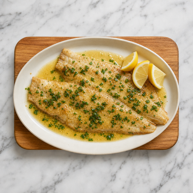 Sole meunière plated with lemon brown butter, parsley, and lemon wedges