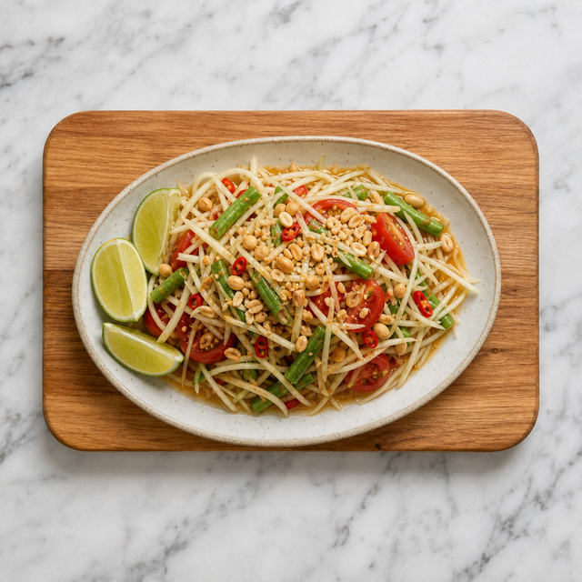 Finished Som Tam Thai green papaya salad topped with roasted peanuts and served with lime wedges