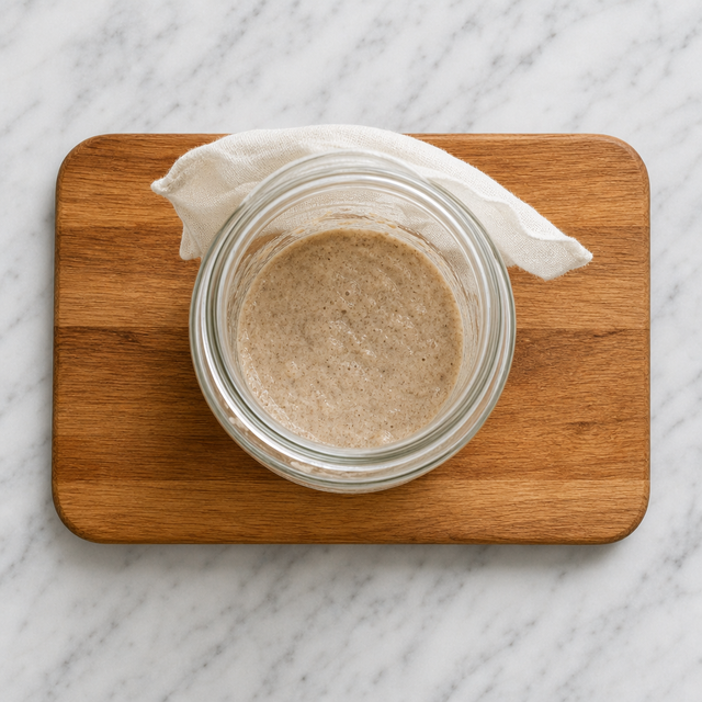 Freshly mixed whole-wheat flour and water in a glass jar