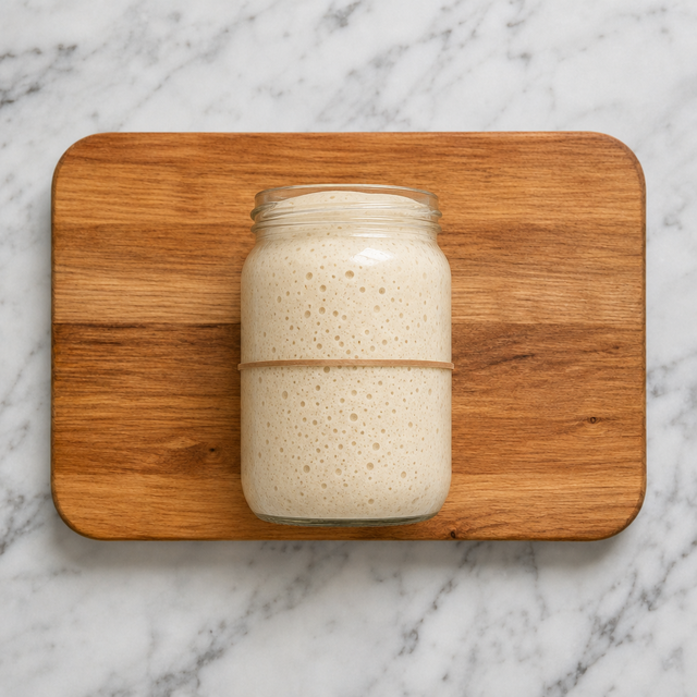 Active sourdough starter doubled in a marked glass jar